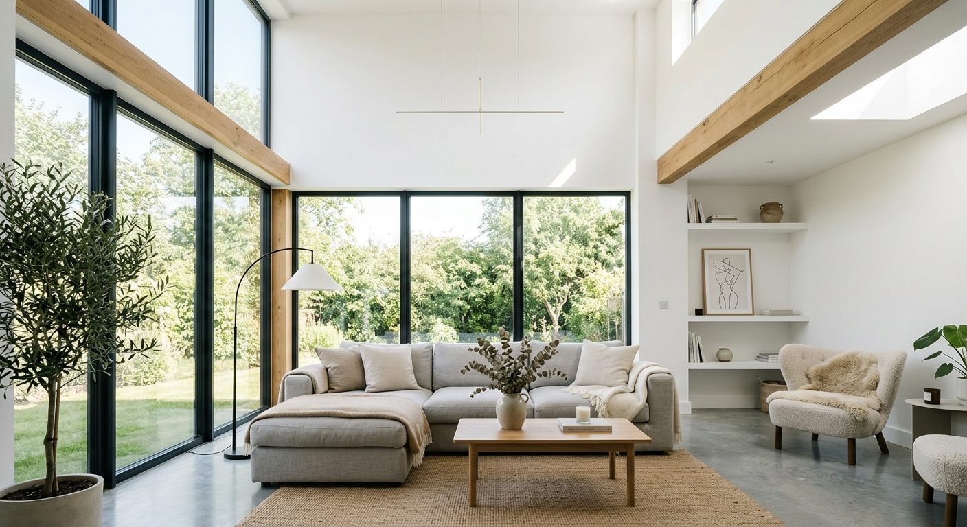 Lyse stue med højt loft og store vinduer som skaber åbenhed og rumfornemmelse