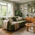Hyggelig grøn stue med grønne vægge, sofa i grøn velour og grønne planter