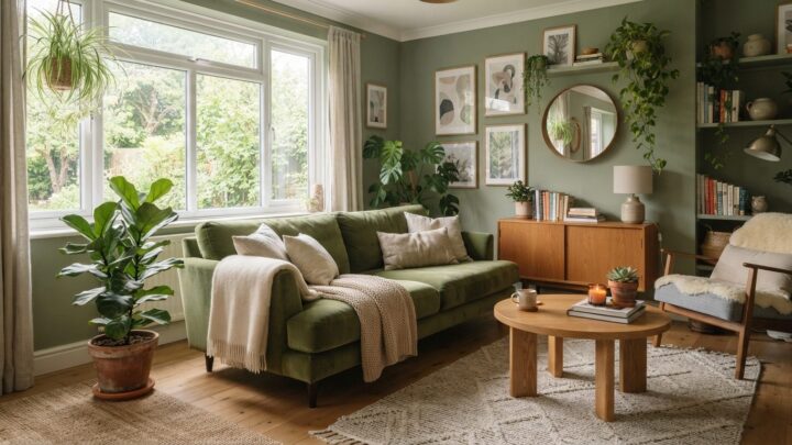 Hyggelig grøn stue med grønne vægge, sofa i grøn velour og grønne planter