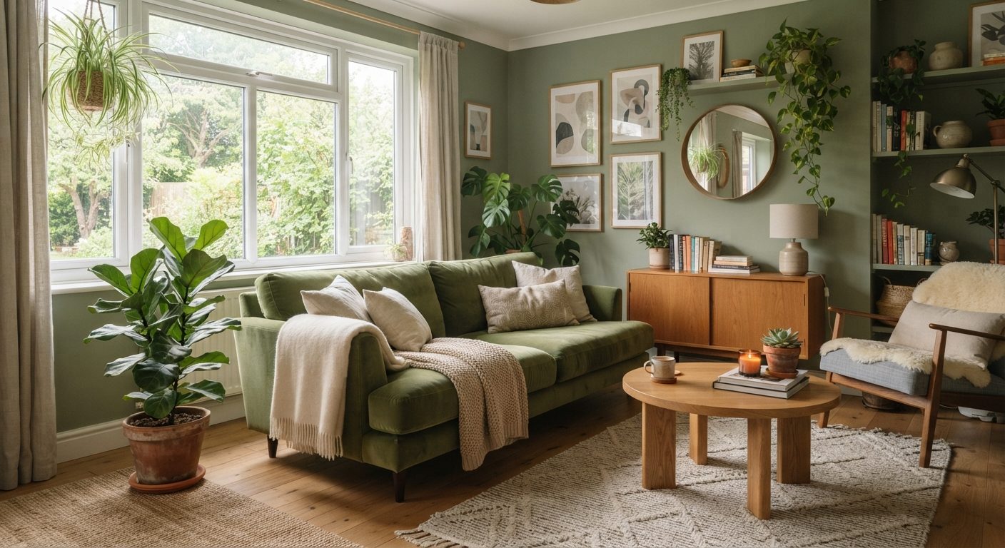 Hyggelig grøn stue med grønne vægge, sofa i grøn velour og grønne planter