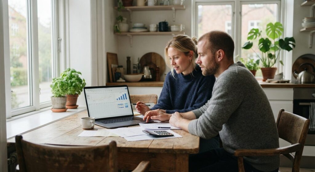 Par beregner opsparing til hus ved køkkenbordet med laptop og papirer