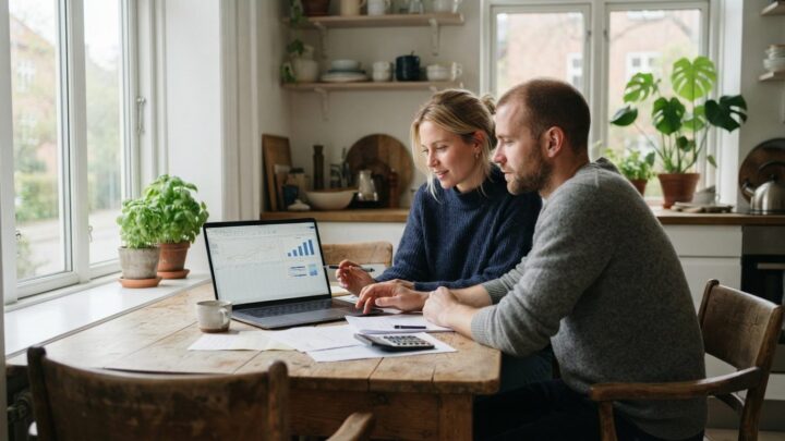 Par beregner opsparing til hus ved køkkenbordet med laptop og papirer