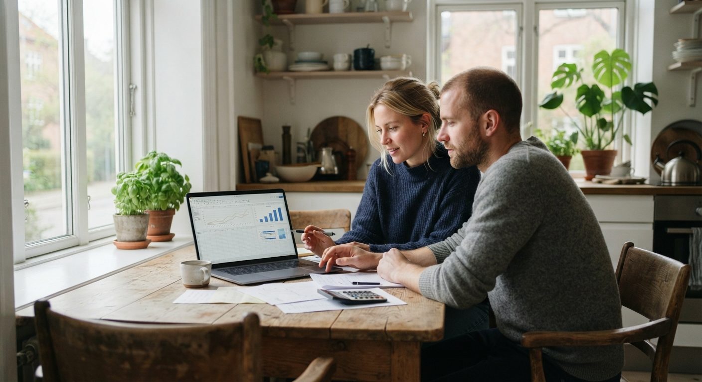 Par beregner opsparing til hus ved køkkenbordet med laptop og papirer