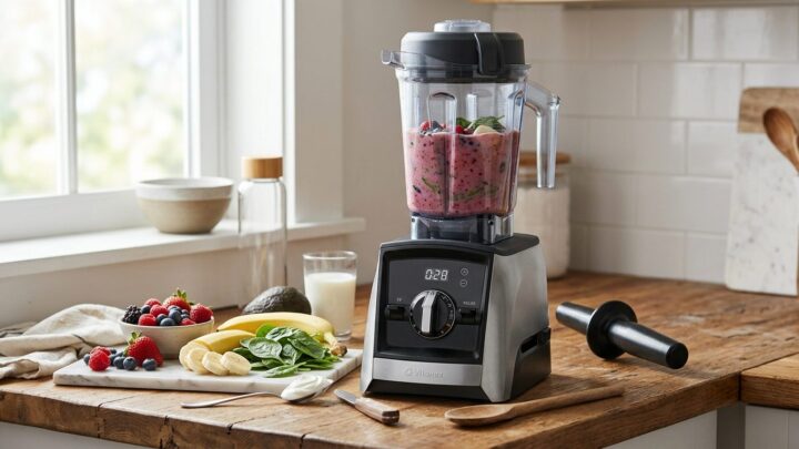 Professionel blender på køkkenbord klar til brug