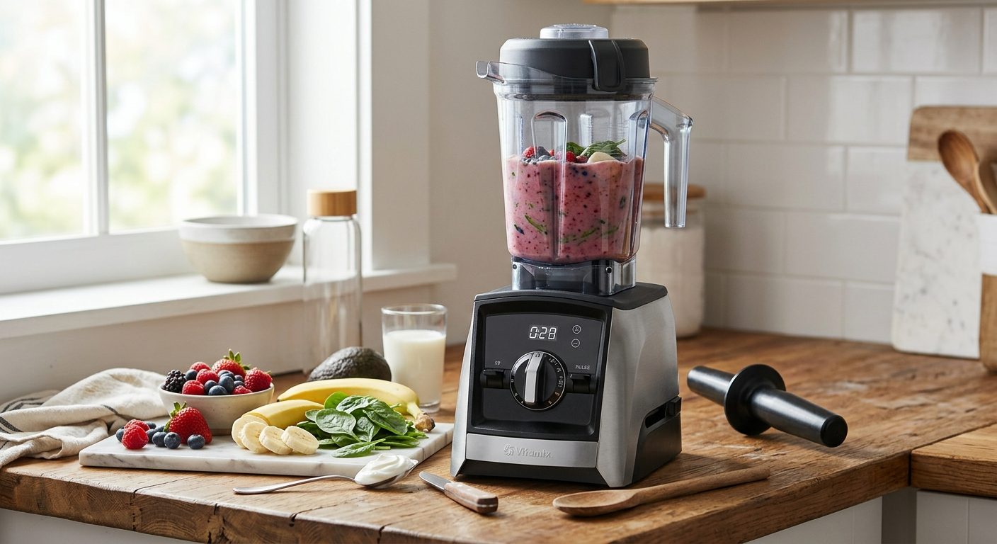 Professionel blender på køkkenbord klar til brug