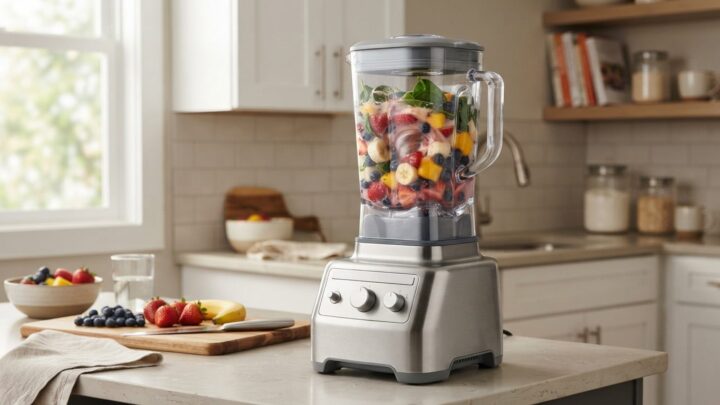 Professionel blender på køkkenbord blender frugt til smoothie