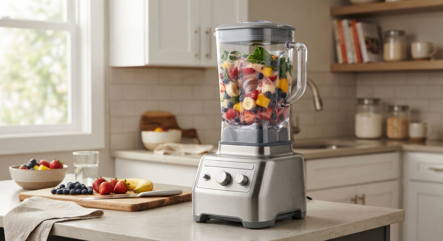 Professionel blender på køkkenbord blender frugt til smoothie