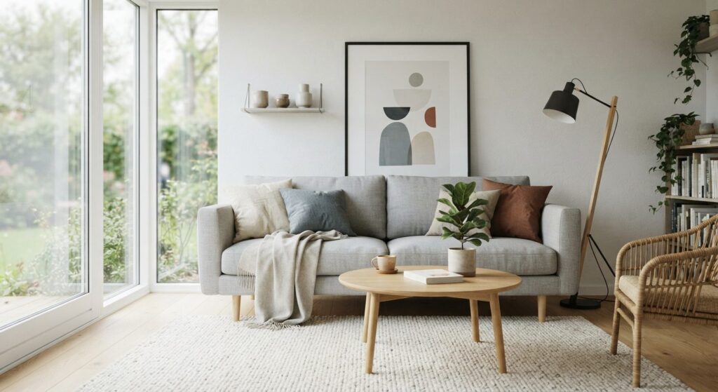 Stue med sofa i den rigtige størrelse i forhold til rummets dimensioner