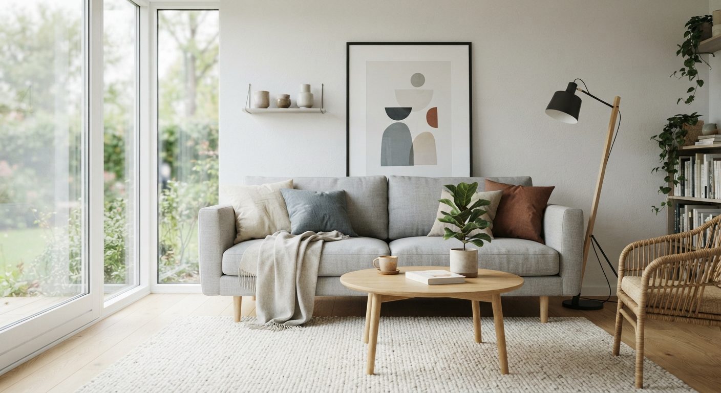 Stue med sofa i den rigtige størrelse i forhold til rummets dimensioner