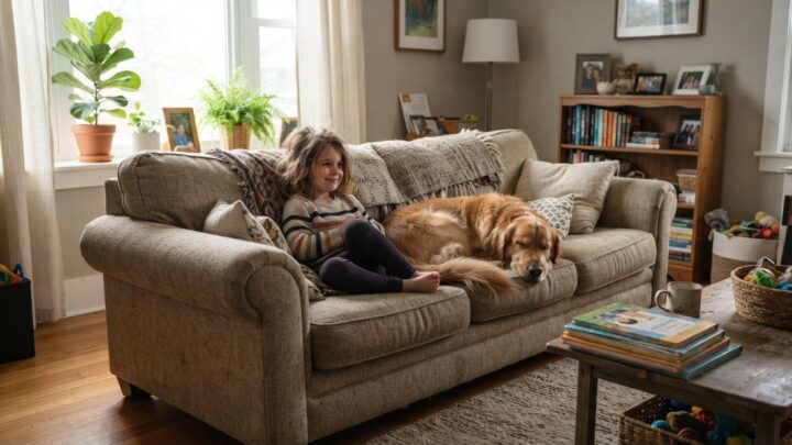 Sofa i slidstærkt stof med børn og hund i stuen, der viser hvilket sofastof der holder til hverdagens slid