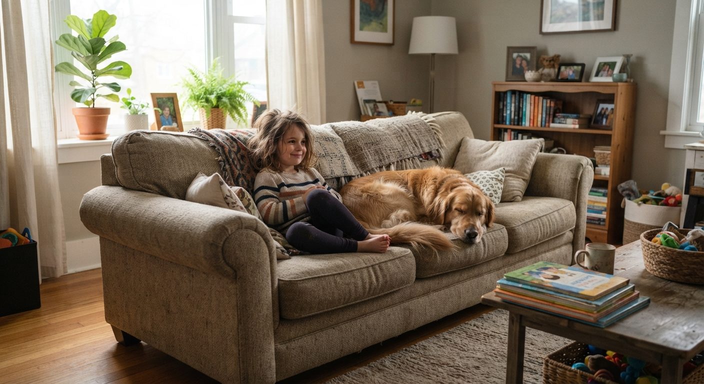 Sofa i slidstærkt stof med børn og hund i stuen, der viser hvilket sofastof der holder til hverdagens slid