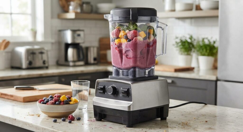 Professionel blender med højt wattal blender frosne bær på køkkenbord