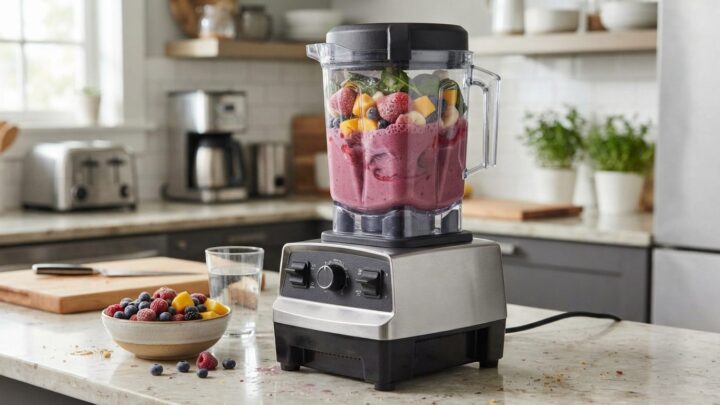Professionel blender med højt wattal blender frosne bær på køkkenbord