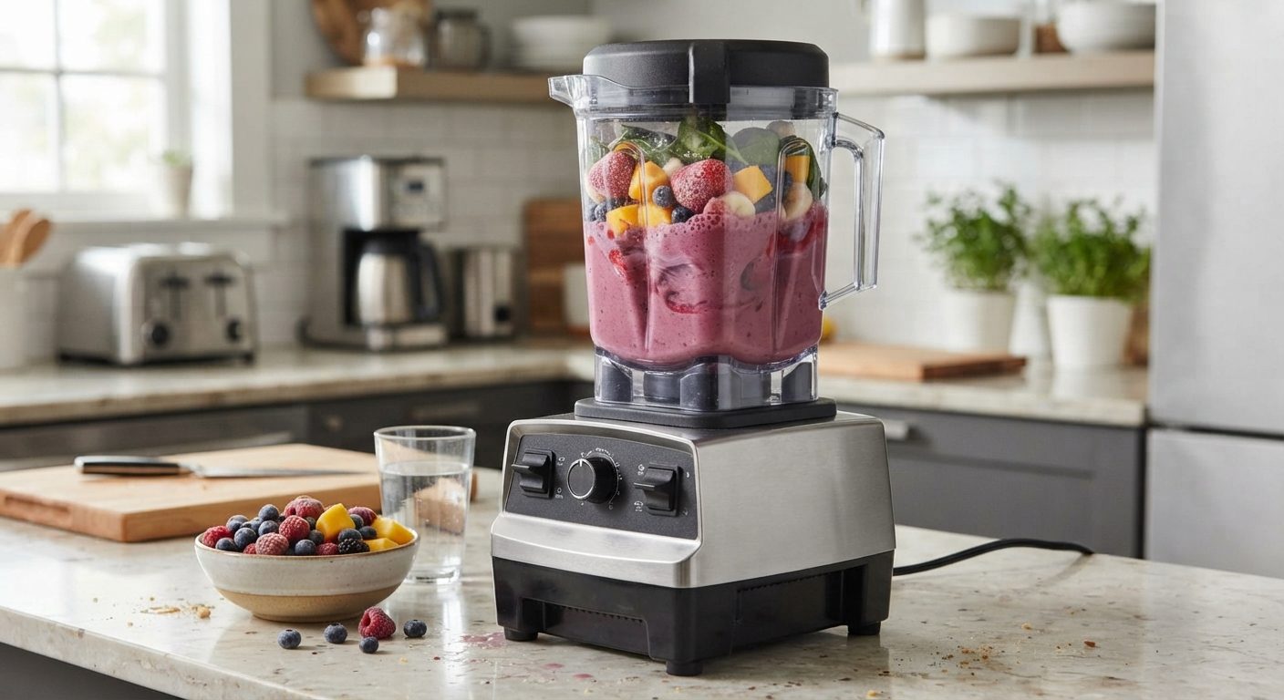 Professionel blender med højt wattal blender frosne bær på køkkenbord