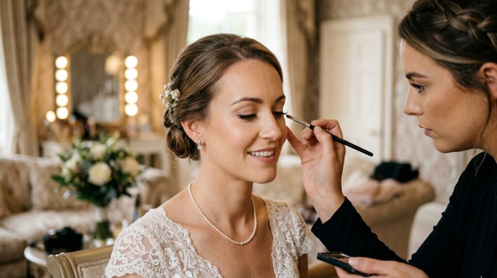 Bride getting ready for wedding day, professional makeup art