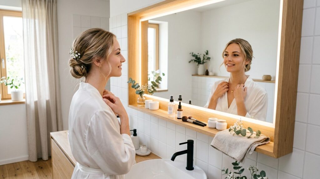 Modern Scandinavian bathroom mirror with warm lighting, brid