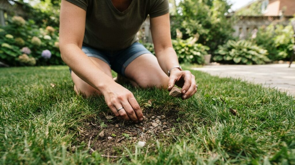 Close-up stock photo of a person inspecting the ground for r