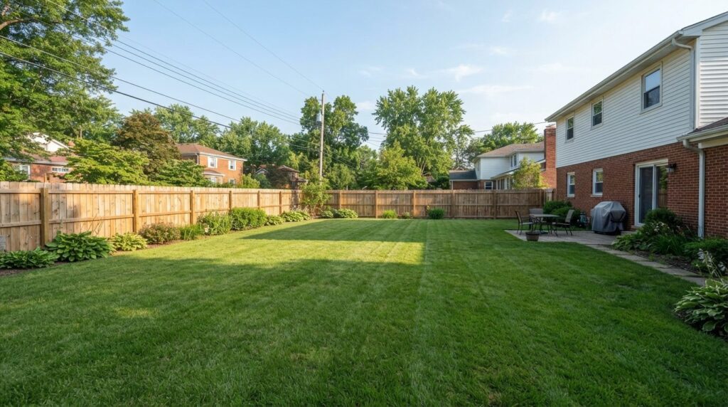 Wide shot stock photo of a suburban backyard with safety con