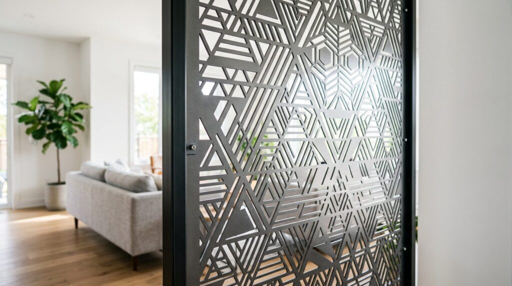 Close-up detailed shot of a custom laser-cut aluminum metal