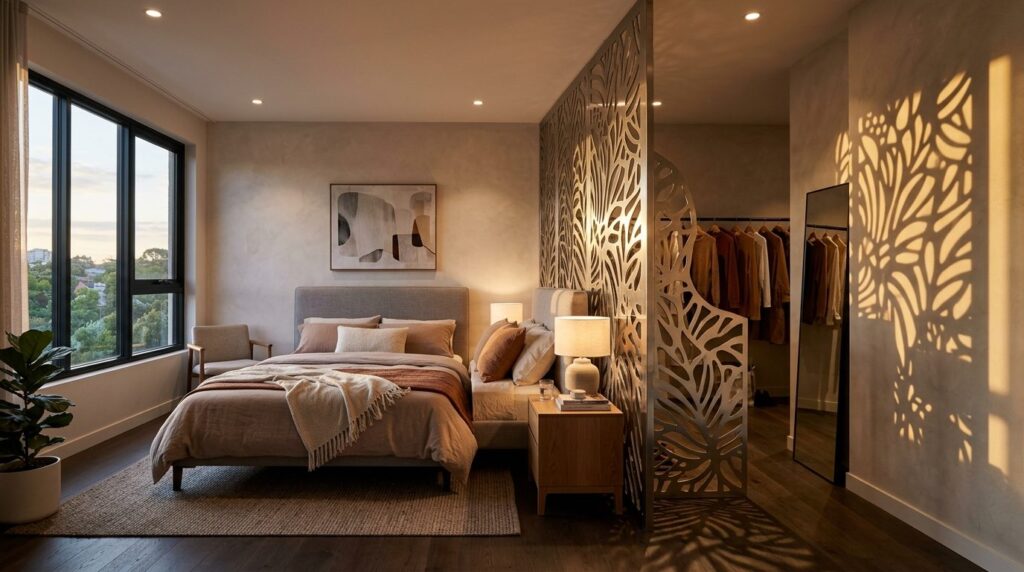 Modern bedroom interior with a custom laser-cut stainless st