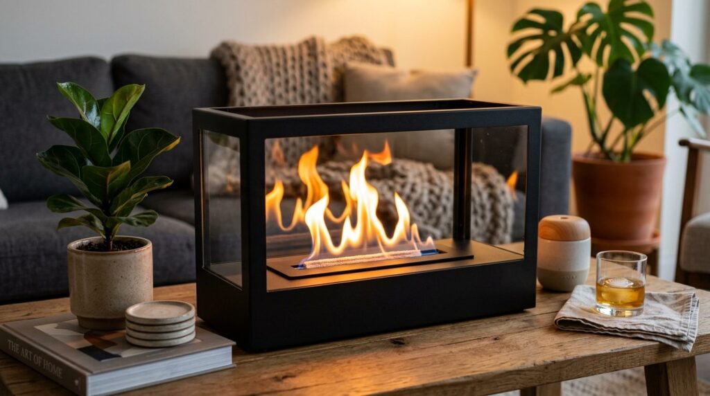 Close-up detail of a tabletop bioethanol fireplace with vibr