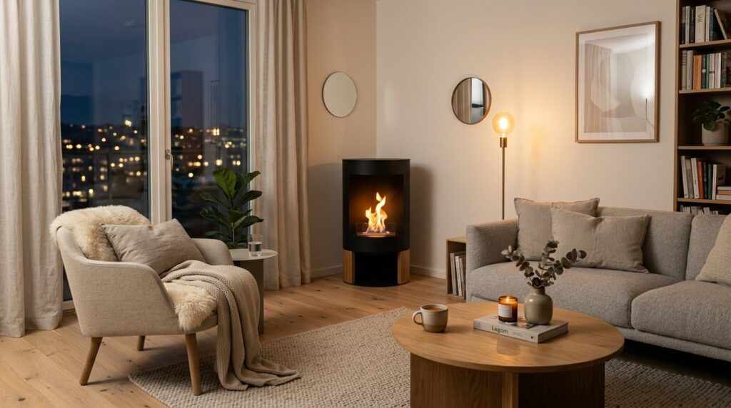 Cozy apartment interior with a freestanding bioethanol firep