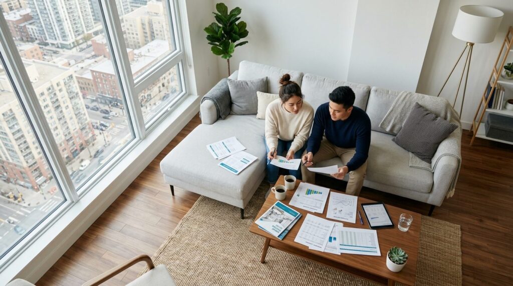 Aerial view of a young couple reviewing financial documents 