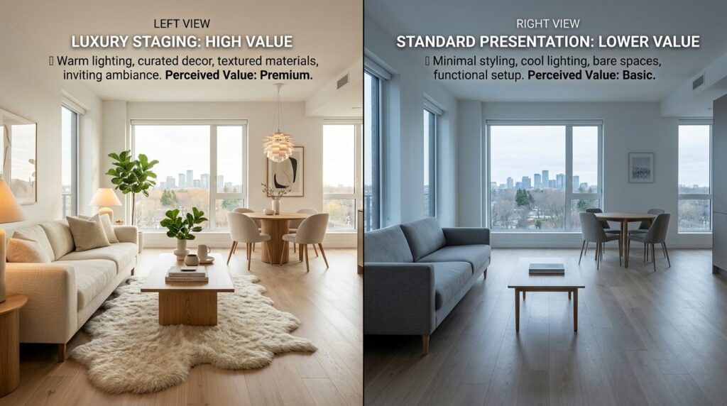 Split-screen conceptual image showing luxury apartment inter