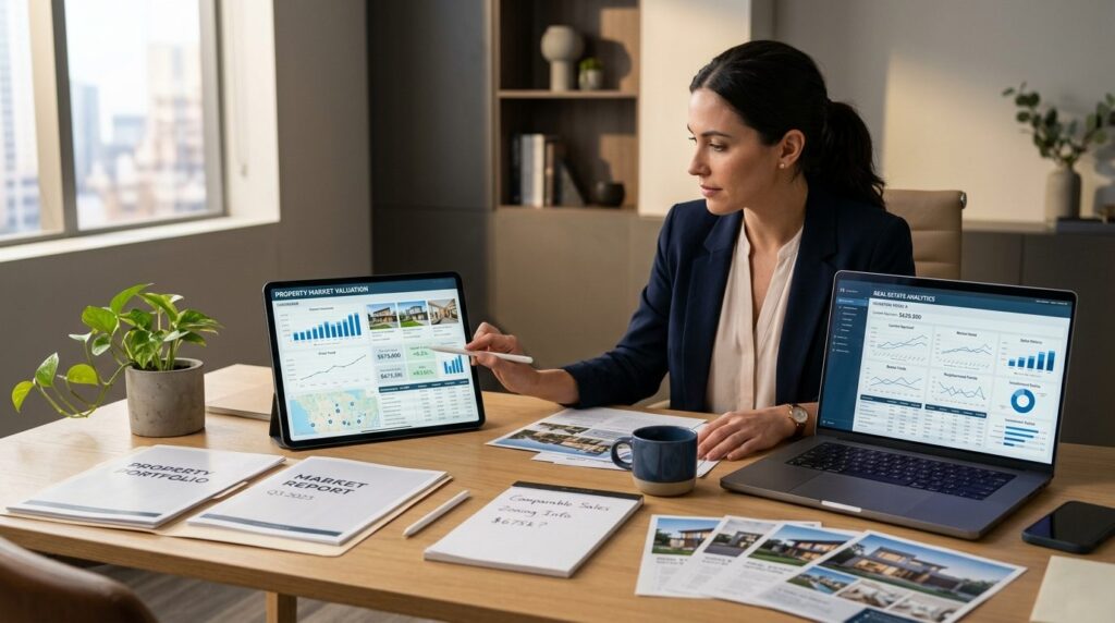 Real estate professional analyzing property data on digital 