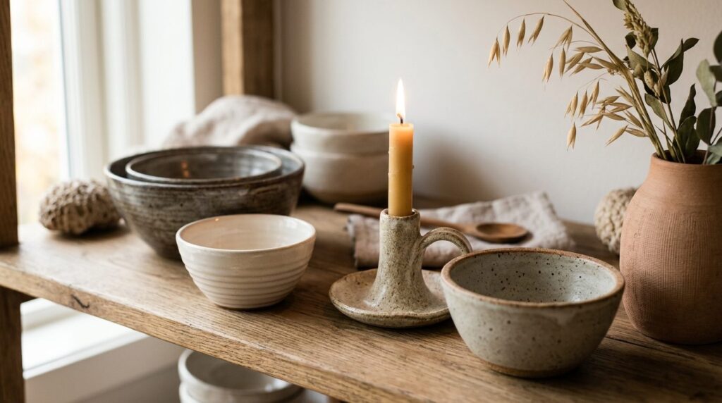 Close-up detail shot of artisan-made functional ceramics and