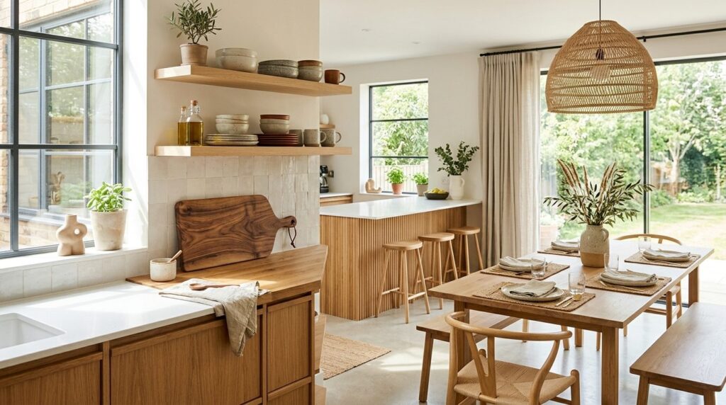 Bright modern kitchen-dining area with carefully curated fun