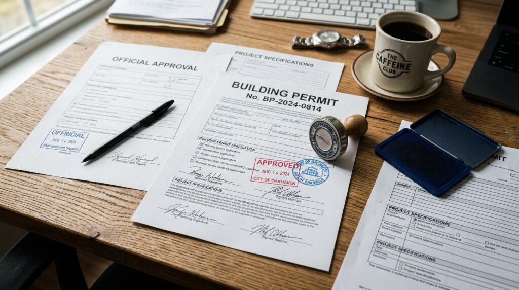 Close-up overhead shot of building permit documents, officia