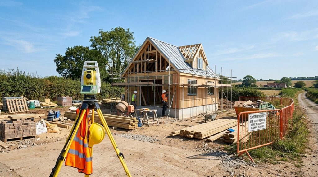 Wide angle photograph of a small garden house or cottage und
