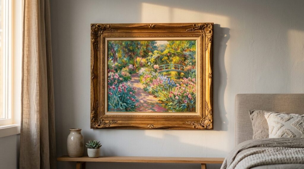 Close-up detail shot of a framed Claude Monet garden paintin