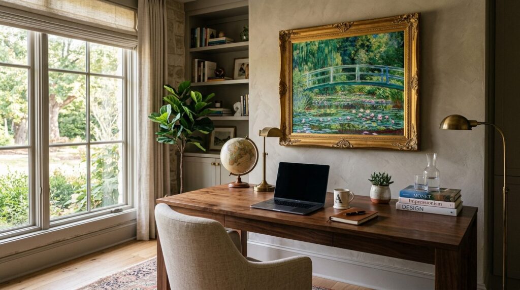 Elegant home office with a Claude Monet bridge painting as a