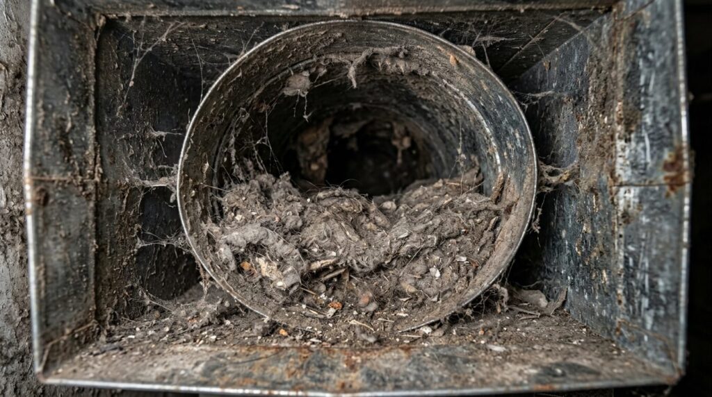 Close-up detailed view of a dirty, clogged ventilation duct