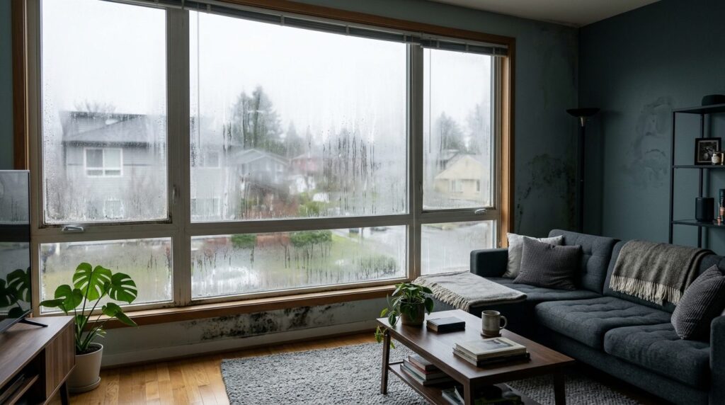 Modern living room interior with visible condensation on win
