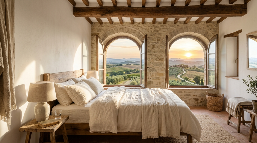 Bright minimalist Tuscan bedroom with rustic wooden beams, c
