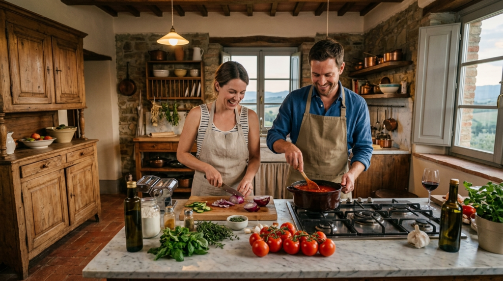 Authentic Tuscan farmhouse kitchen with terracotta floors, v