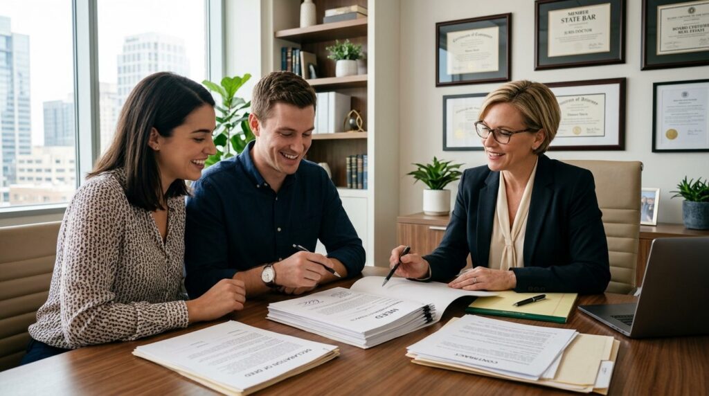 Young couple meeting with female real estate attorney in con