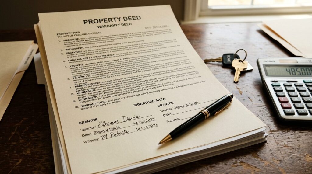 Close-up detail of property deed document with legal text an