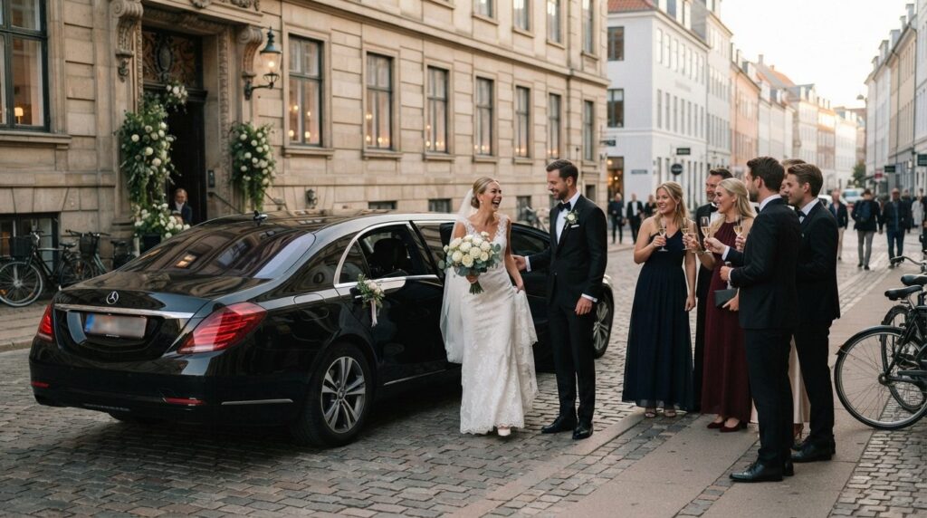 Upscale wedding celebration scene with well-dressed guests i