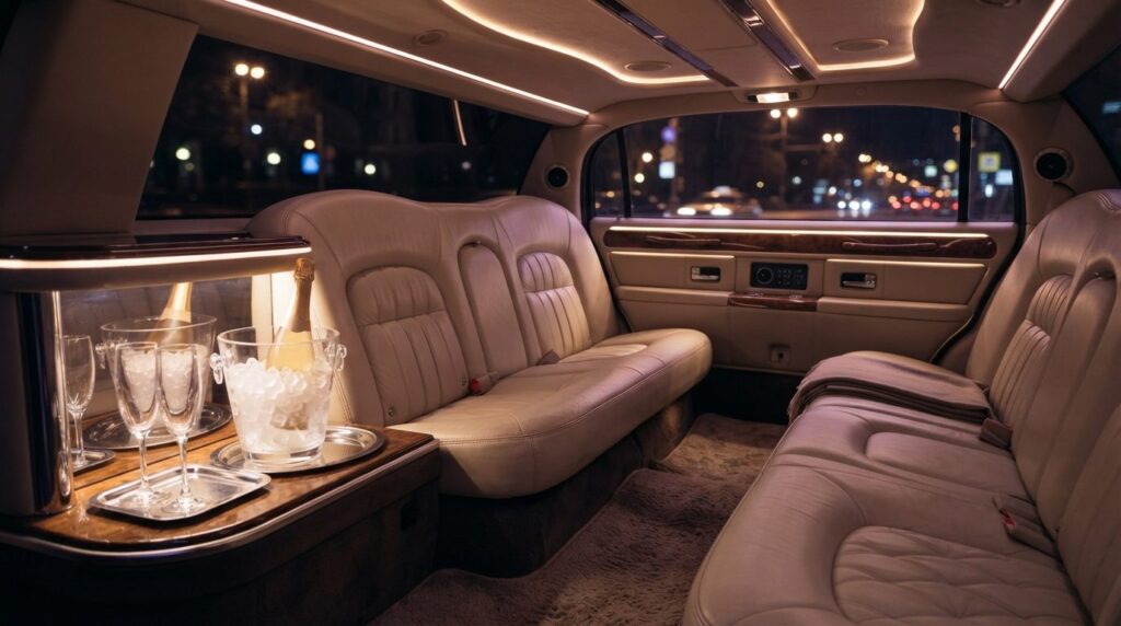 Interior shot of luxury limousine cabin with leather seating