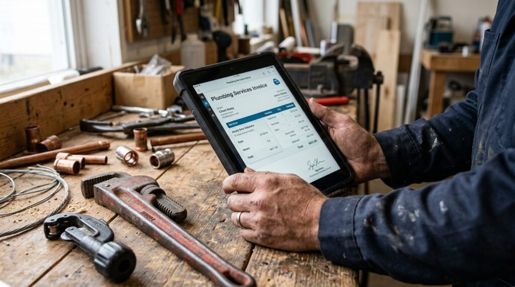 Close-up of plumbers hands holding digital tablet showing h