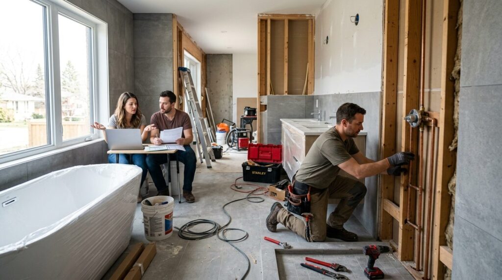 Modern bathroom renovation in progress with plumber installi