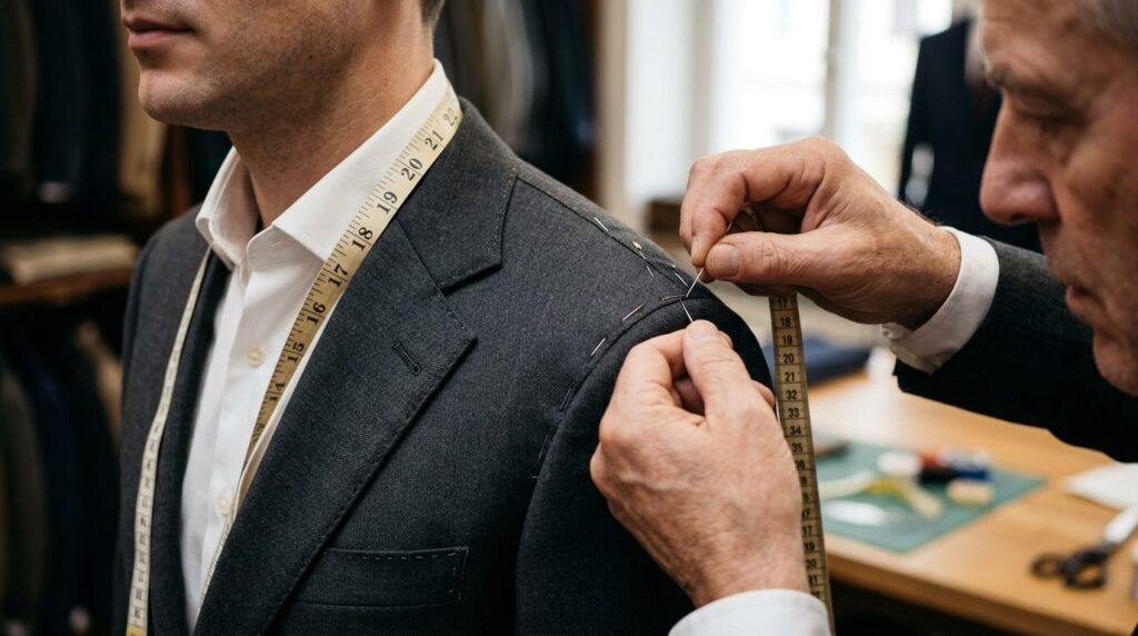Close-up detail shot of fine tailored suit fabric and stitch