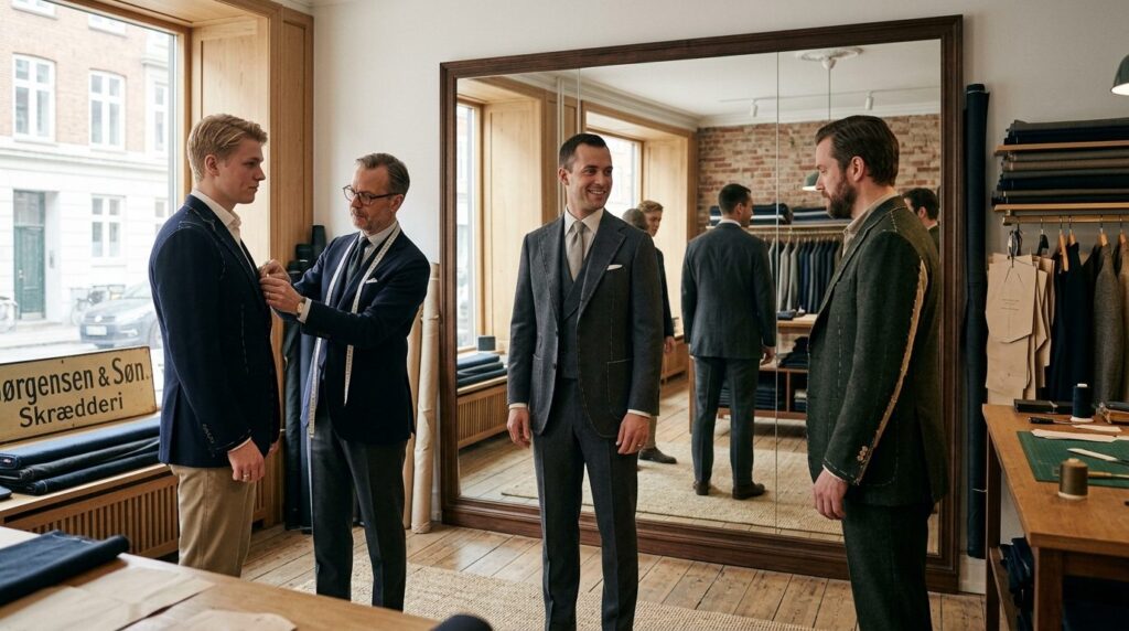 Three men in various stages of bespoke suit fittings in an u