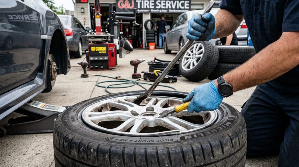 Close-up of skilled mechanic hands removing summer tire from