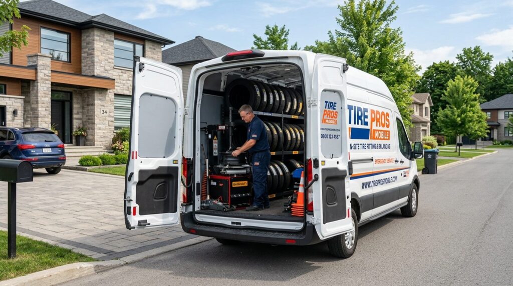 Mobile tire service van with open rear doors showing organiz