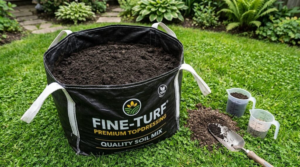 Close-up overhead view of premium topdressing soil in a larg